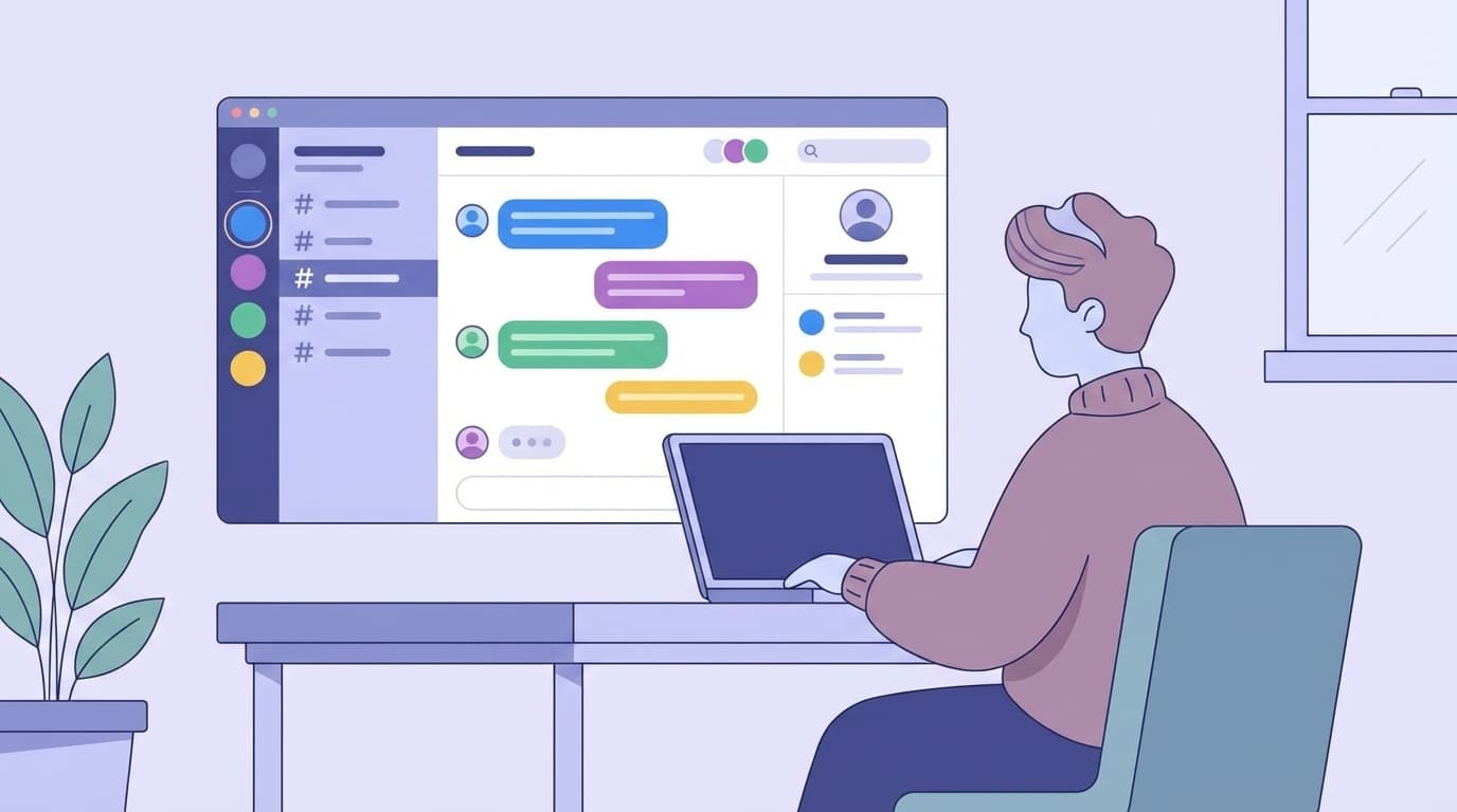 ノートパソコンでSlackのチャット画面を操作している人のイラスト