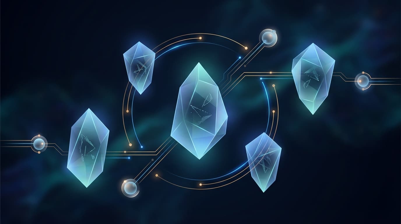 Small Language Modelsの効率性を象徴する、回路で相互接続された小型ニューラルネットワークノードとデータパターンを含むクリスタル構造の抽象的なイラスト
