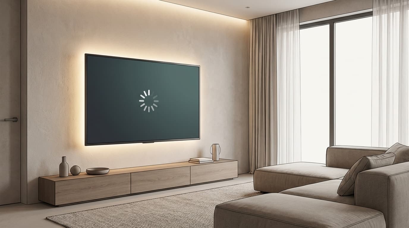 スマートテレビの画面にローディングアイコンが表示されている様子