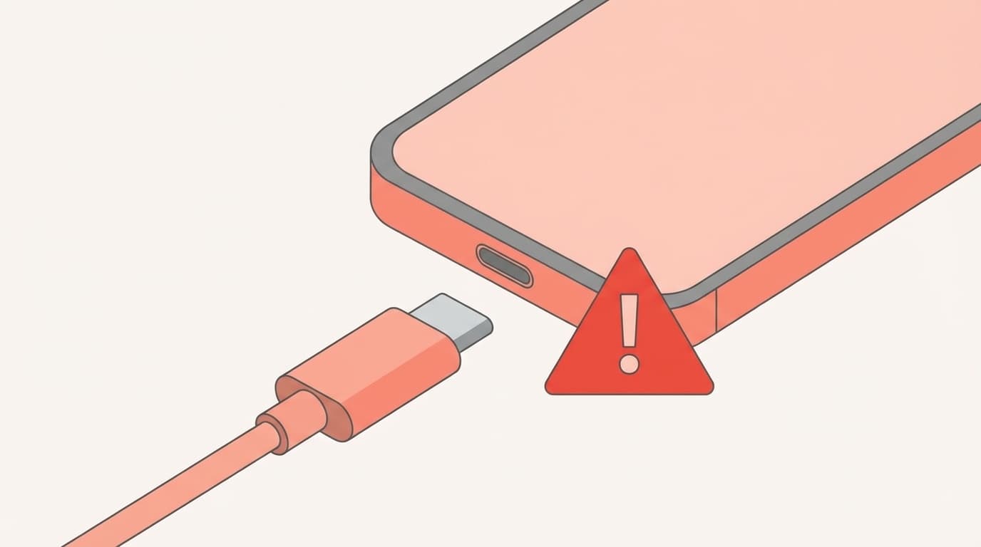 スマホの充電口(USB-C端子)と充電ケーブルの接触不良を示すイラスト