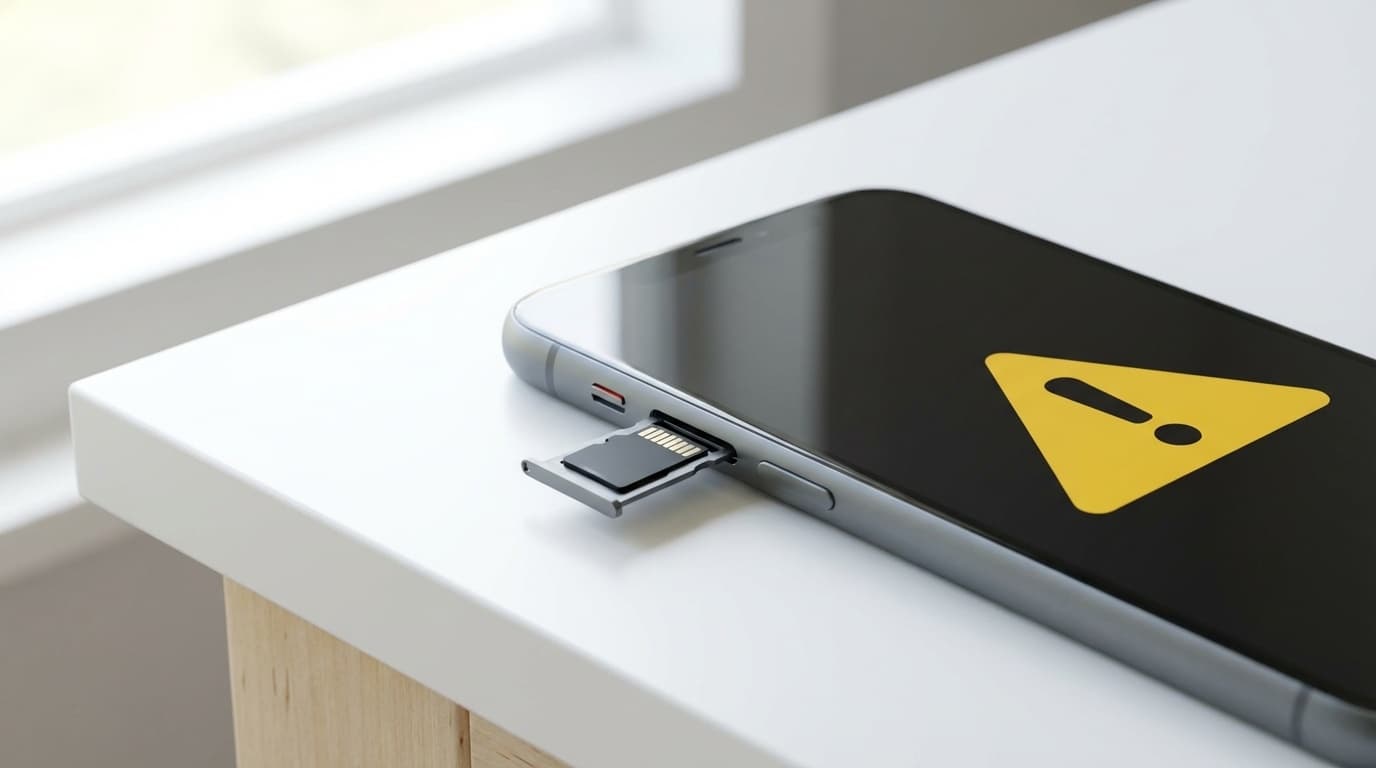 スマホのSDカードトレイからmicroSDカードが取り出された状態のイラスト