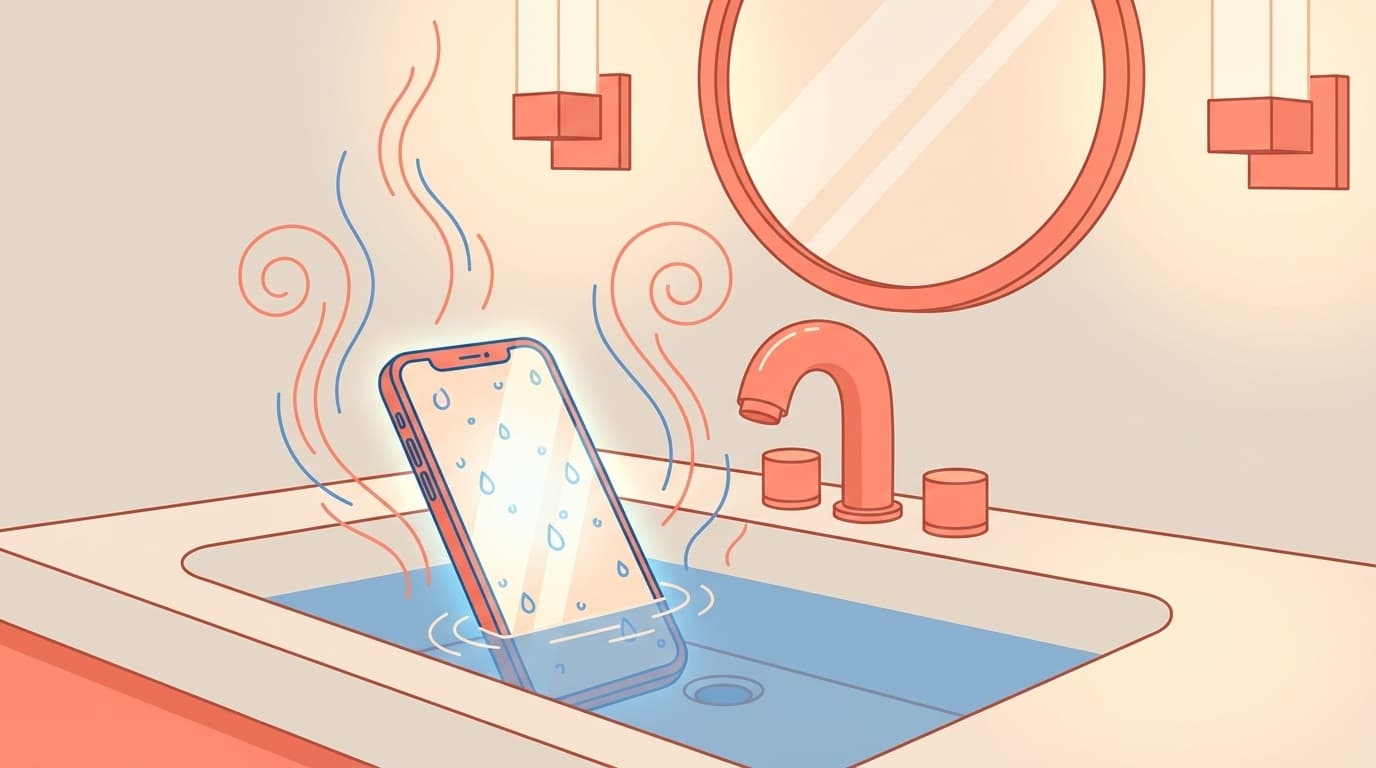 防水スマホが水に沈んでいるイラスト。お風呂の蒸気が立ち上る中、水滴のついたスマートフォン