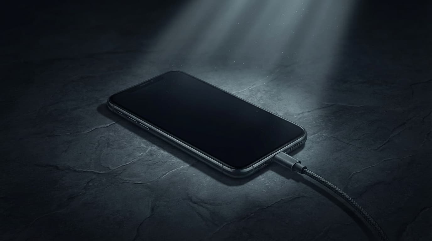 スマホの電源が入らず画面が真っ暗なまま充電ケーブルが接続された様子