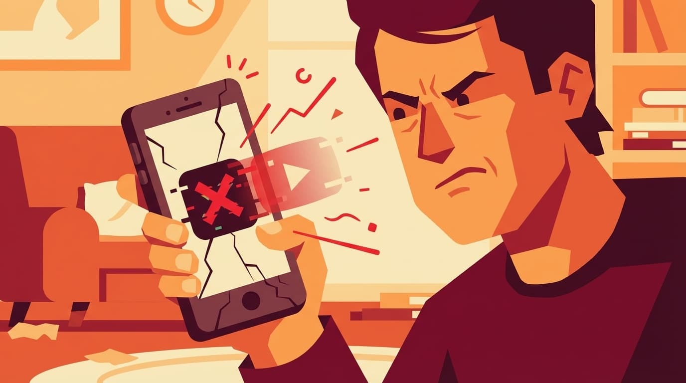 スマホのYouTubeアプリが更新できずエラーが表示されているイメージイラスト