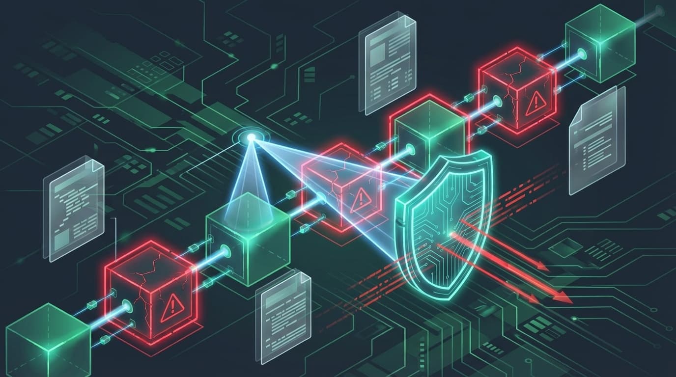 ソフトウェアサプライチェーンセキュリティを表す抽象的なデジタルアートイラスト