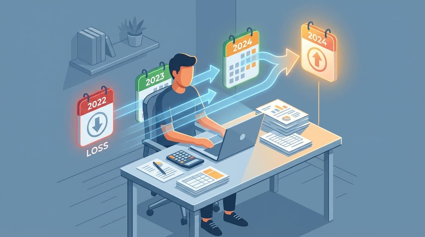 確定申告書と電卓が並ぶデスクで、赤字の損失が翌年以降に繰り越される様子を表すイラスト