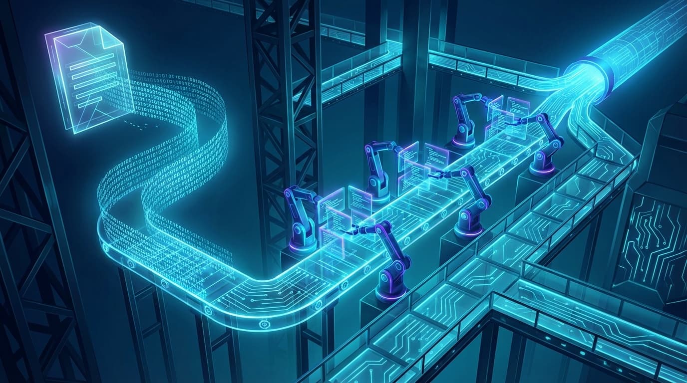 仕様駆動型AIコーディングエージェントのソフトウェアファクトリーパイプラインを表現した概念図