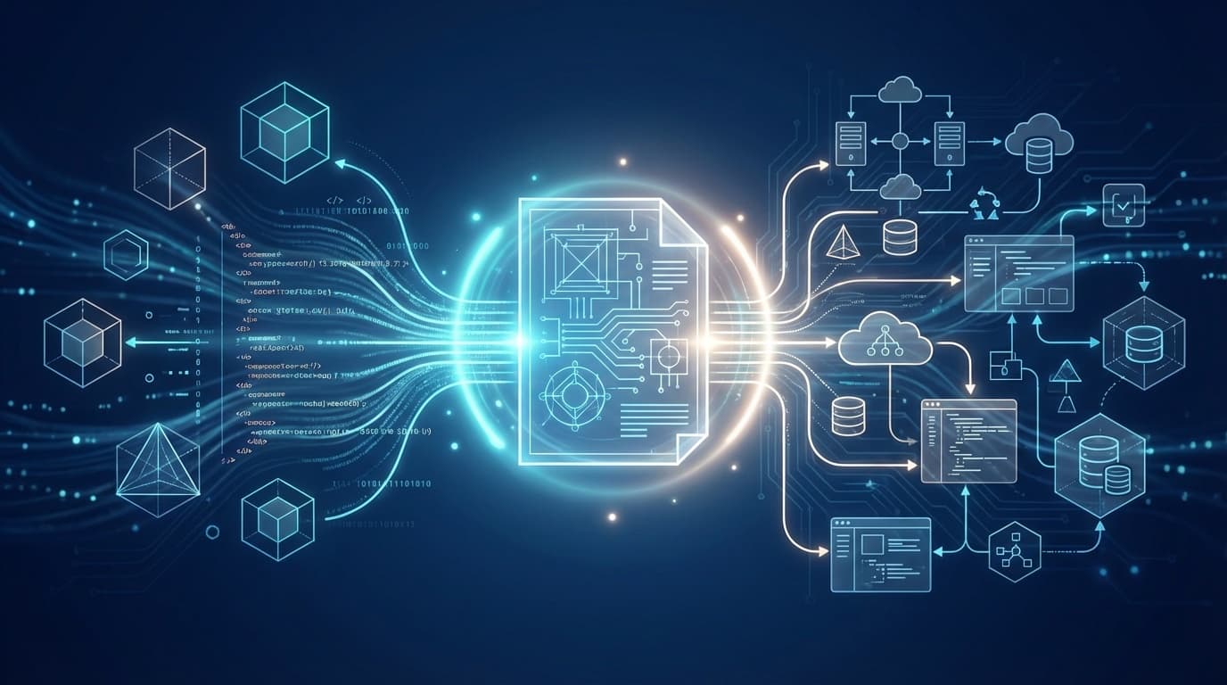 Spec-Driven Development(SDD)の概念を表す抽象イラスト。中央の仕様書から放射状にコードやアーキテクチャ図が生成される様子