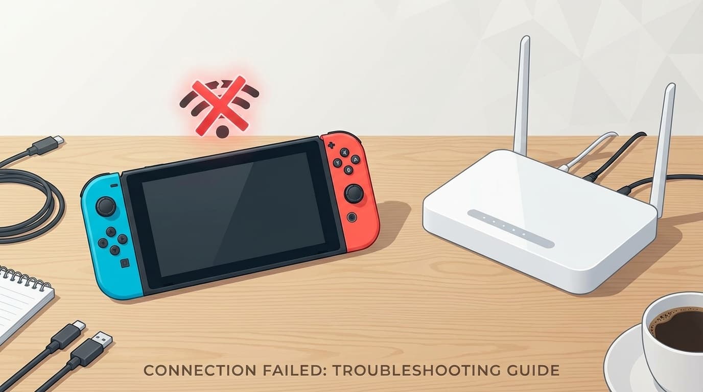 Nintendo SwitchとWi-Fiルーターが置かれたデスクのイメージ画像