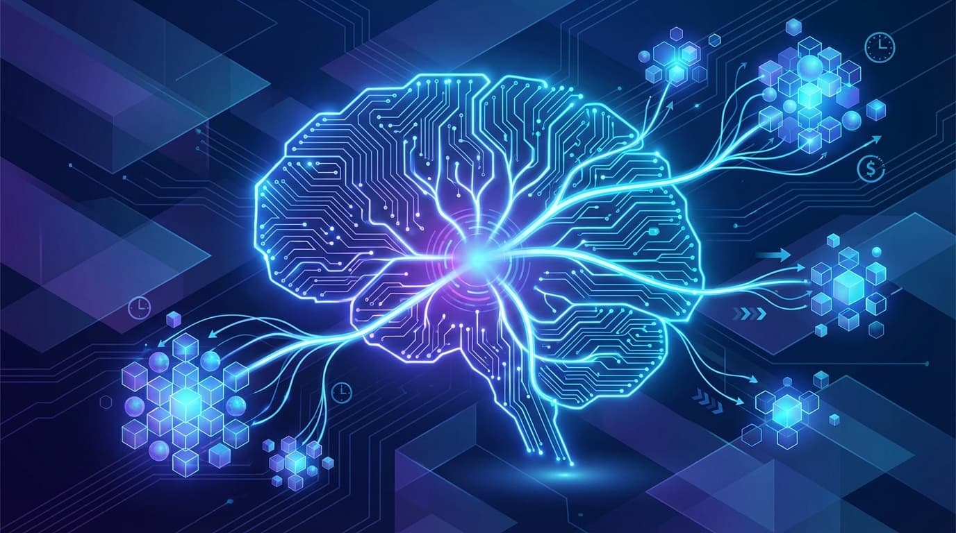 テスト・タイム・スケーリングとAI推論コスト最適化を象徴する、ニューラルネットワークと計算ノードの抽象的なデジタルアートイラスト