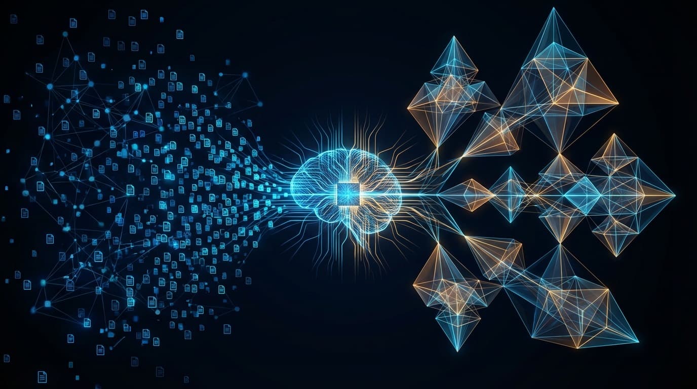 Theorizerによる科学理論自動生成の概念図:散在する論文データがAIコアを通じて構造化された理論へと変換される様子