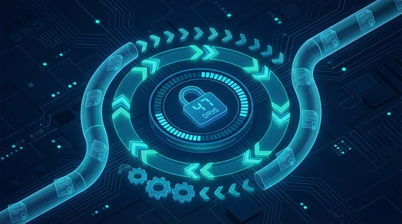 TLS証明書の自動更新サイクルを表す南京錠とパイプラインの概念図