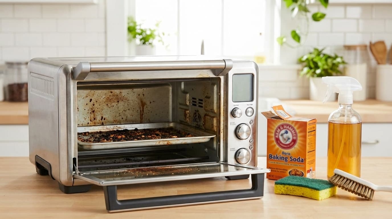 オーブントースターの焦げ付きと掃除道具(重曹・スポンジ・ブラシ)