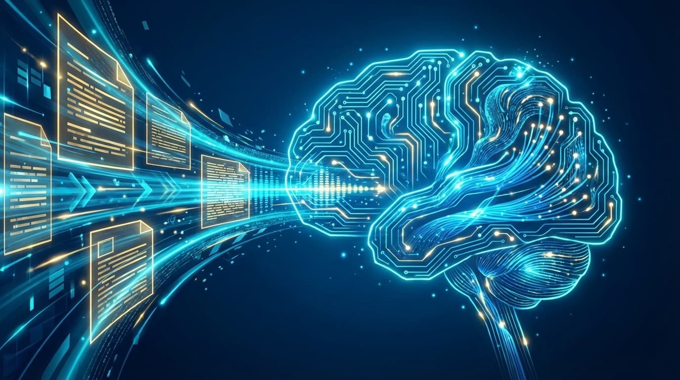 ドキュメントデータがニューラルネットワークの脳に圧縮・記憶される様子を表した抽象的イラスト