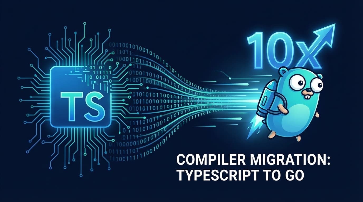 TypeScriptロゴからGoのGopherマスコットへバイナリデータが流れる10倍高速化を象徴するイラスト
