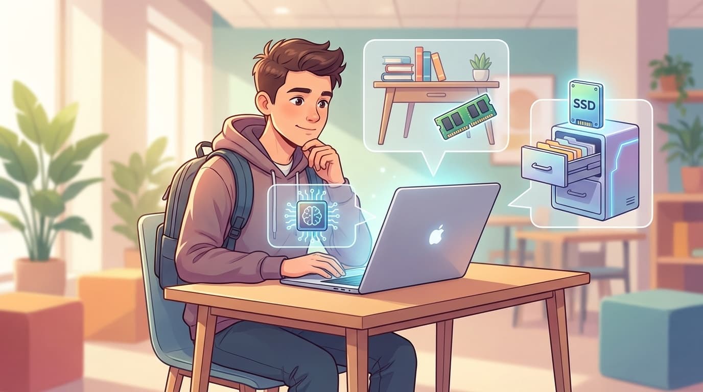 大学入学用ノートパソコンのスペック選びを考える学生のイラスト