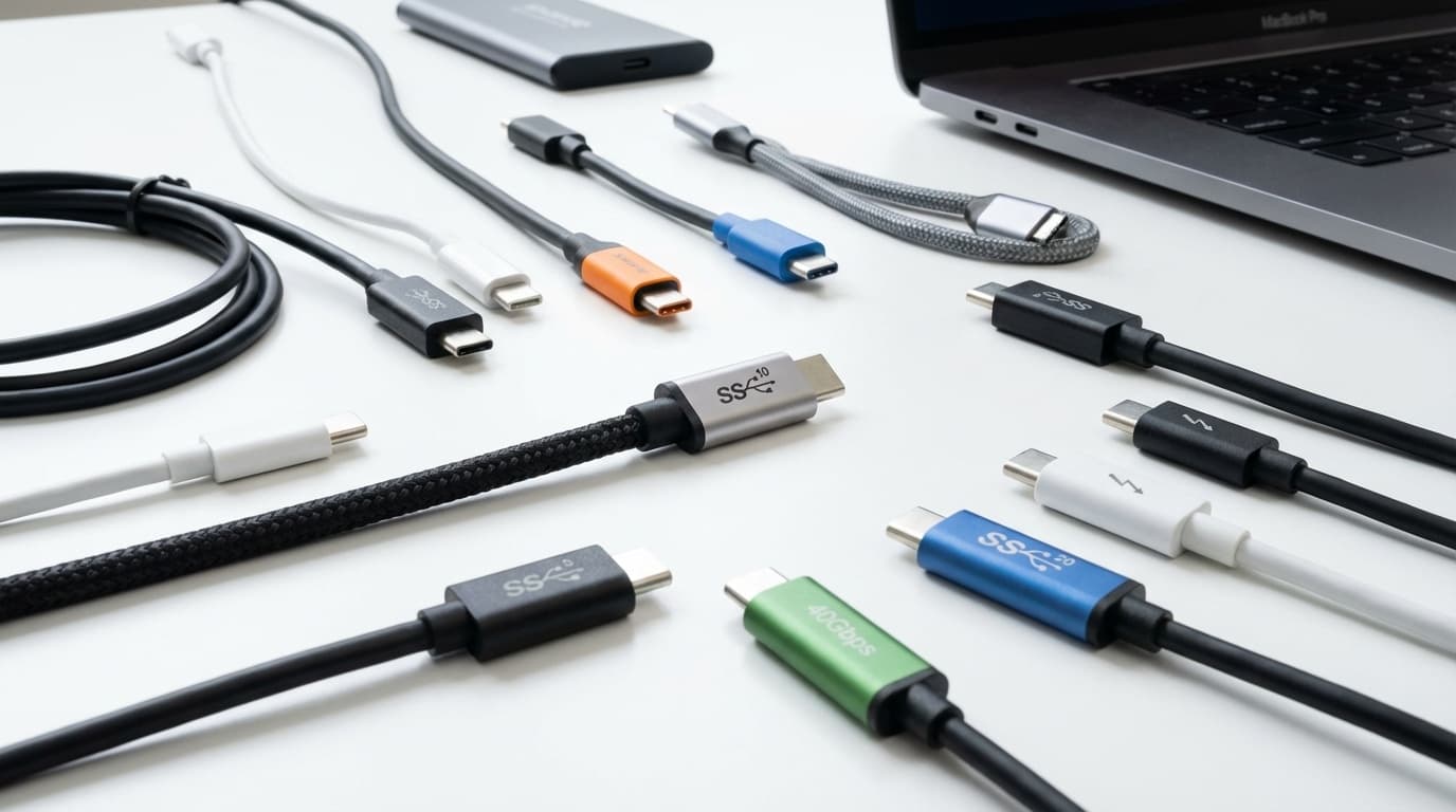 さまざまなUSB-Cケーブルが机の上に並んでいる写真