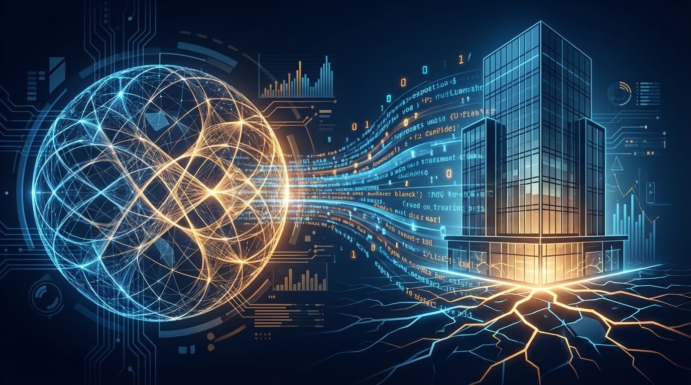 AIニューラルネットワークが生成するコードストリームが企業ビルに流れ込み、基盤にひび割れが生じる概念図──理解債務の構造的リスクを表現