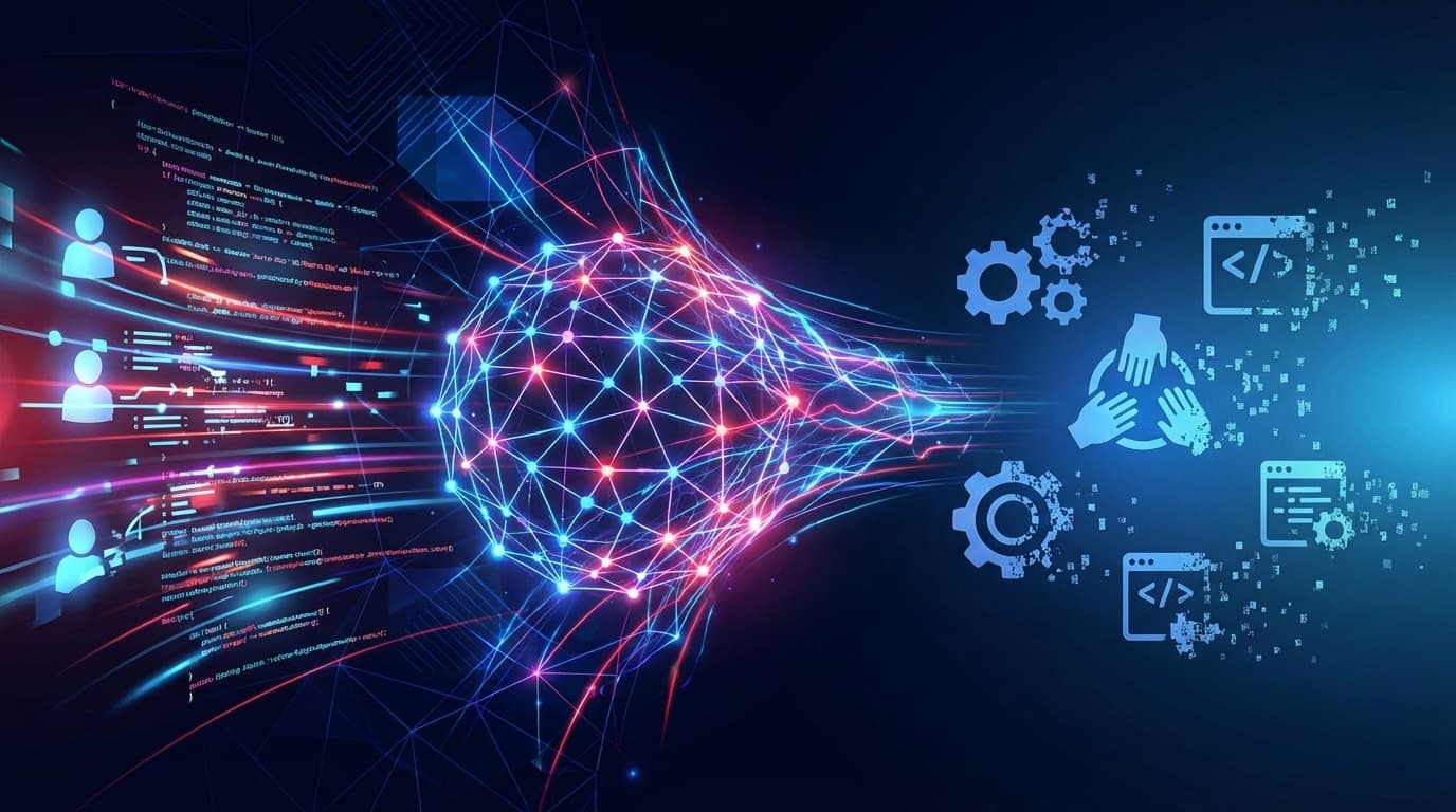 AI仲介層がオープンソースエコシステムのデータフローを吸収する概念図