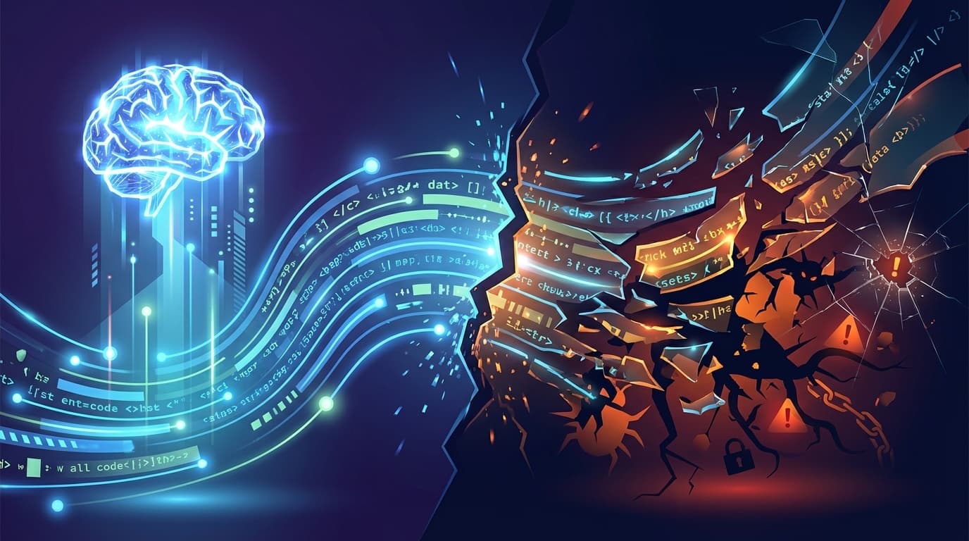 AI生成コードの光と影を表現した抽象イラスト。左側はAIから流れる輝くコードストリーム、右側はそのコードが断裂しバグやセキュリティ脆弱性が露出する様子