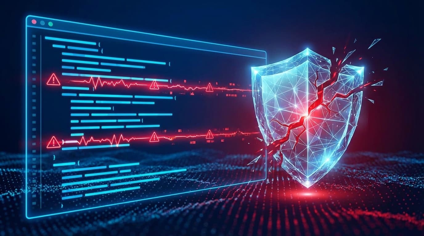 AI生成コードのセキュリティ脆弱性を象徴する、コードエディタとひび割れたデジタルシールドの抽象的イラスト