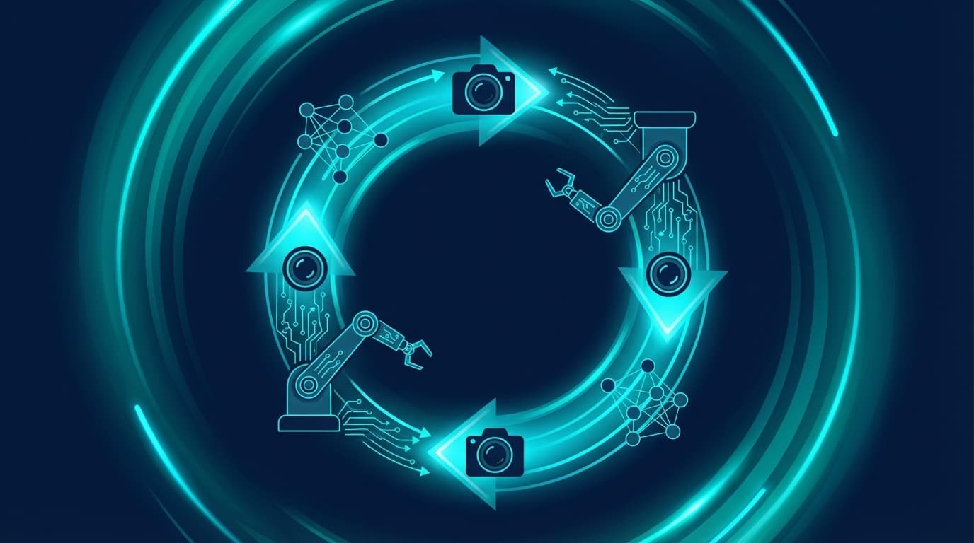 VLAモデルのデータフライホイールを表す抽象的なイラスト。ロボットアーム、カメラ、ニューラルネットワークがデータの循環フローを形成している