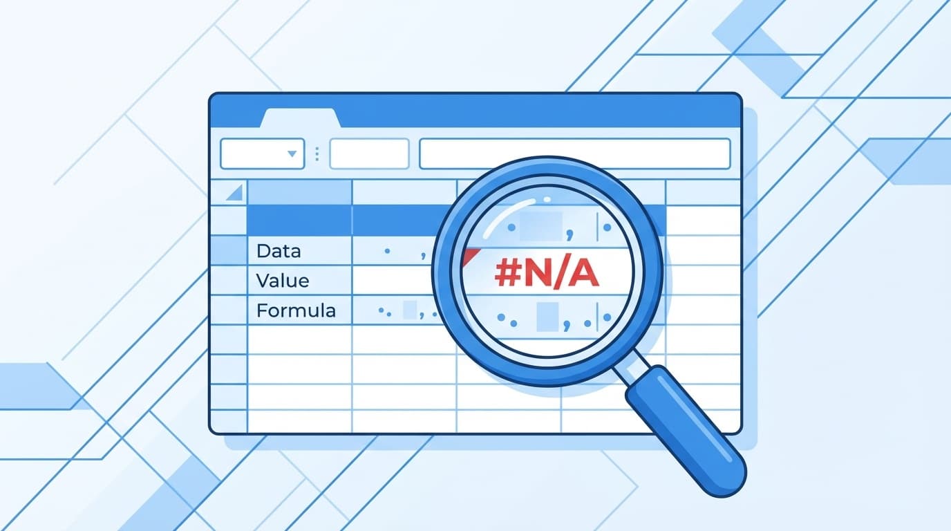 Excelスプレッドシートで#N/Aエラーが表示されたセルを虫眼鏡で調べているイラスト