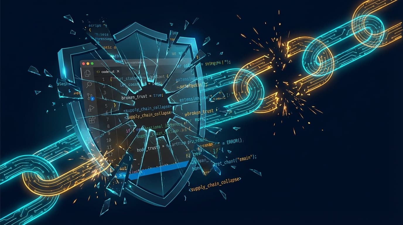 VSCode拡張機能サプライチェーン攻撃による信頼崩壊を象徴する、砕けたガラスのシールドとデジタルチェーンの概念イラスト