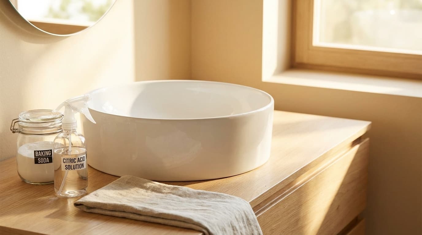白い洗面台と掃除用品(重曹・クエン酸スプレー)