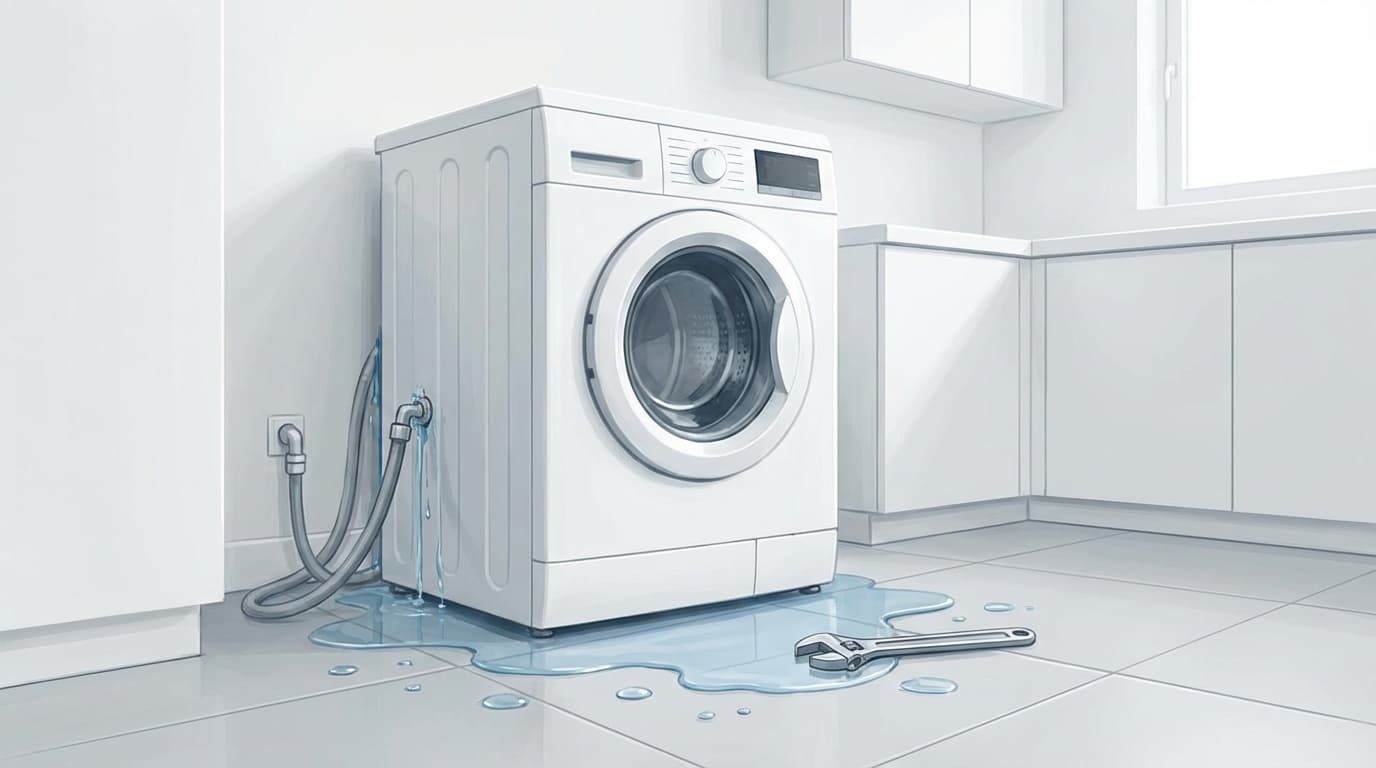 洗濯機から水漏れしている様子のイラスト。給水ホースの接続部分から水滴が落ちている