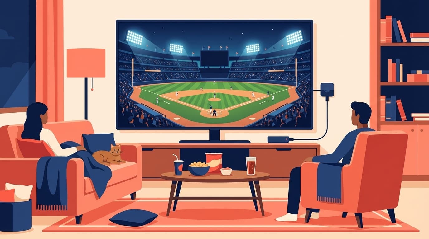 リビングのテレビで野球のライブ配信を視聴するイメージイラスト