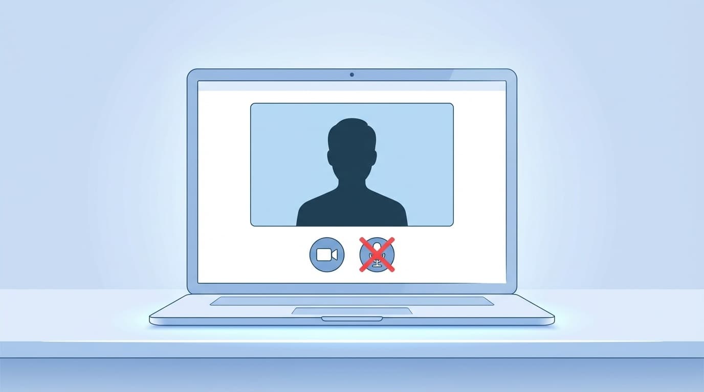 Web面接でカメラとマイクの設定トラブルを示すノートパソコン画面のイラスト