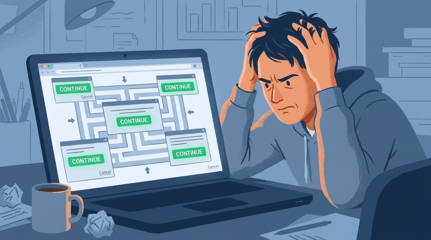 ダークパターンによる解約困難なWebサービスのUIに困惑するユーザーのイラスト