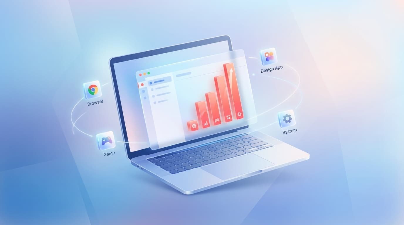 Windows 11のタスクマネージャーでメモリ使用率が高くなっているノートパソコンのイラスト