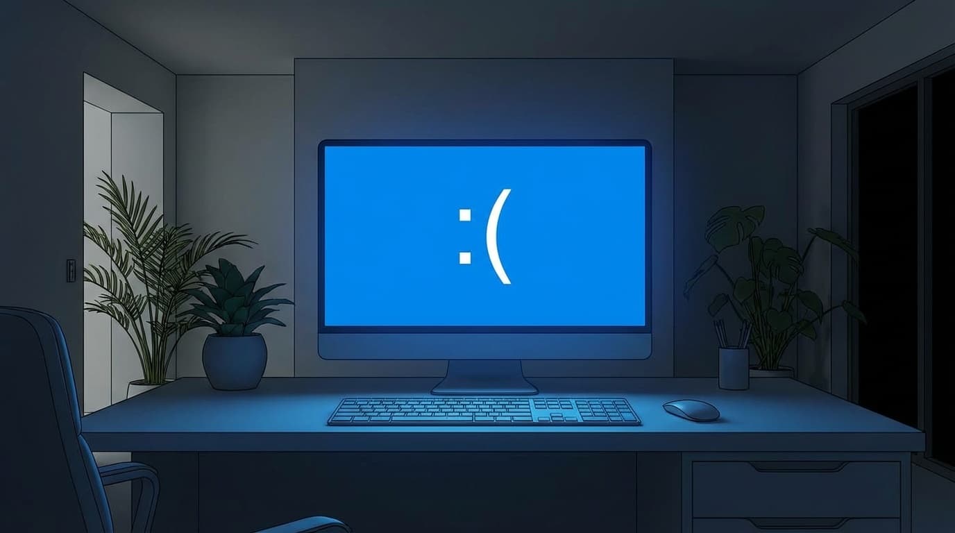 Windows 11のブルースクリーン(BSoD)が表示されたパソコンモニターのイラスト