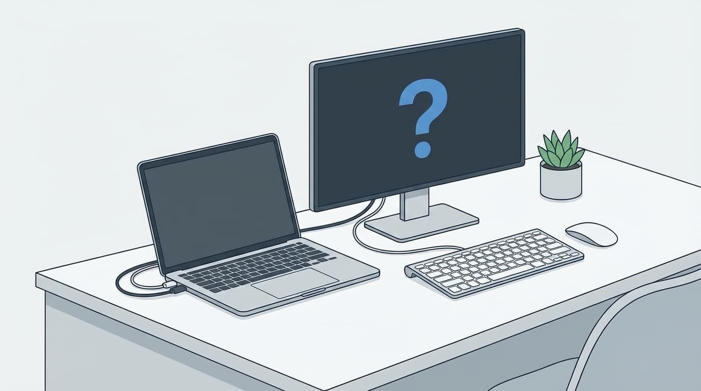 ノートパソコンと外付けモニターがケーブルで接続され、モニターに疑問符が表示されているイラスト