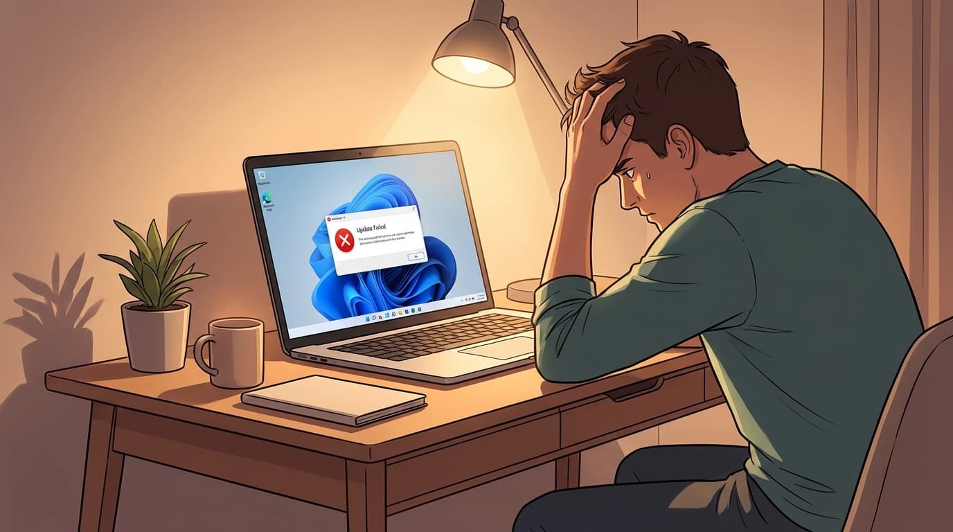 Windows 11のアップデートエラーが表示されたノートPCの画面を見て困っている人のイラスト