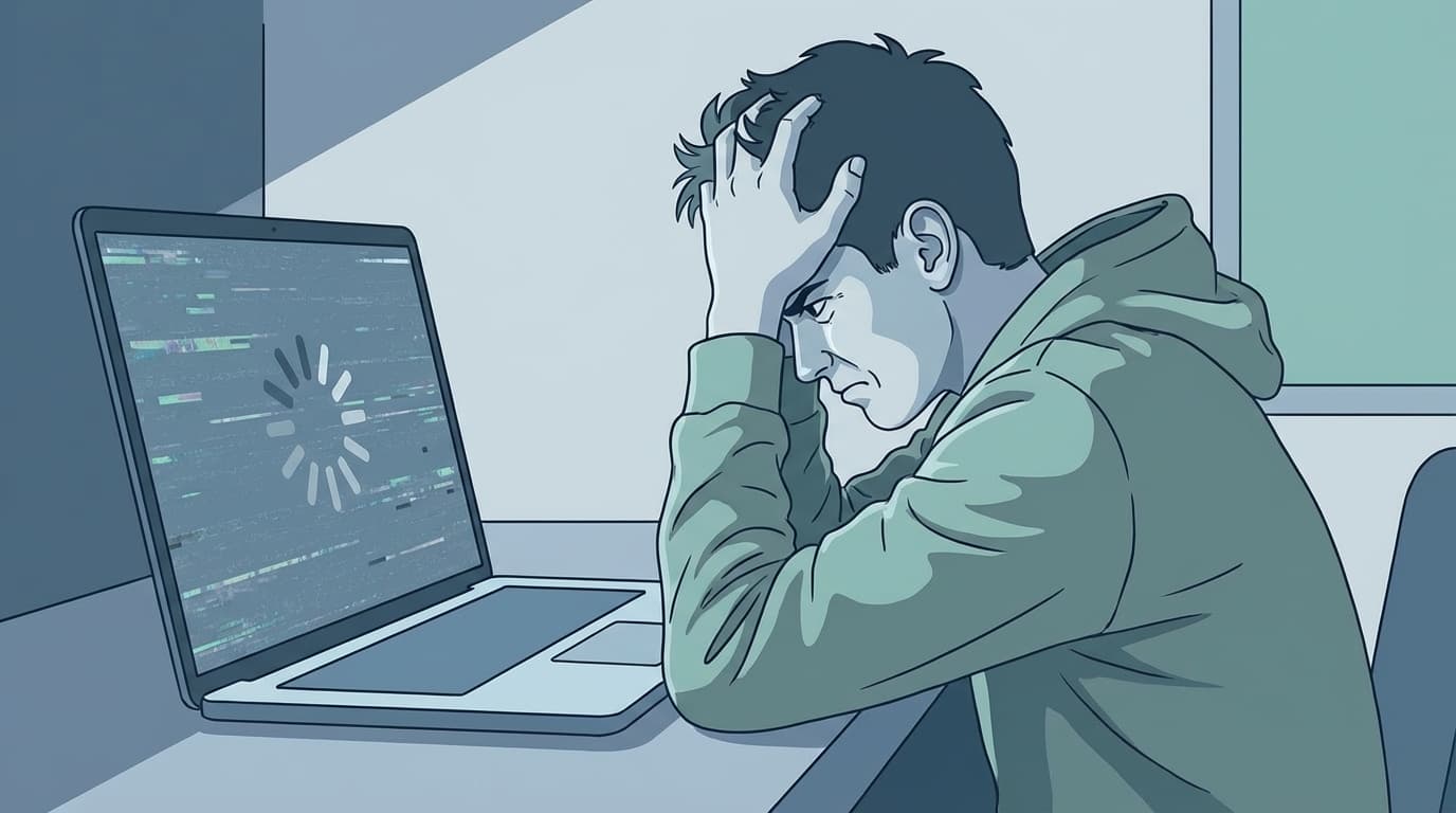 Windows 11のパソコンがフリーズして固まった画面を見つめる人のイラスト