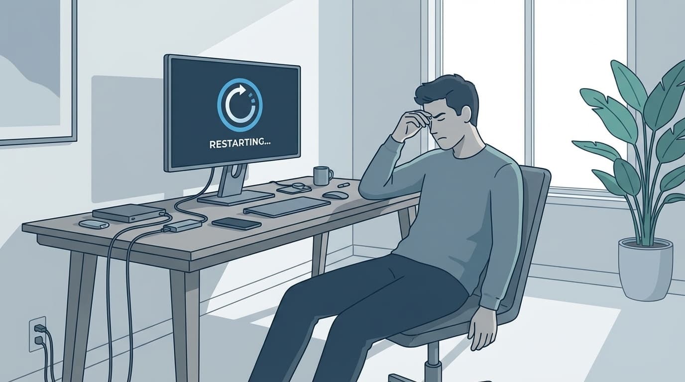 Windows 11のPCが勝手に再起動するトラブルのイメージイラスト