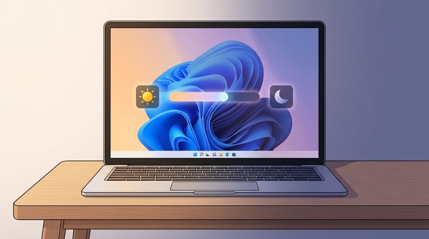 Windows 11のノートPCで画面の明るさが自動的に変わる様子のイラスト