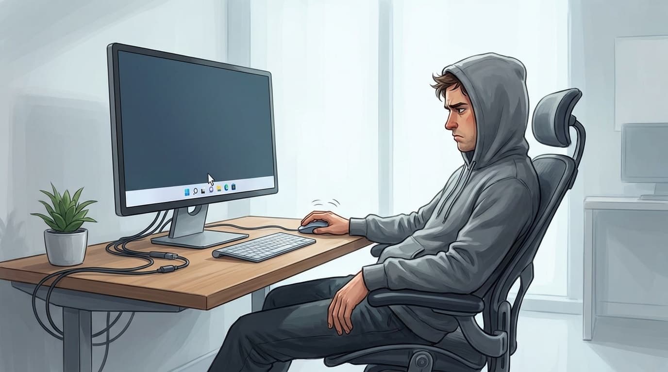 Windows 11のタスクバーが反応せずスタートメニューが開かない状態のパソコン画面