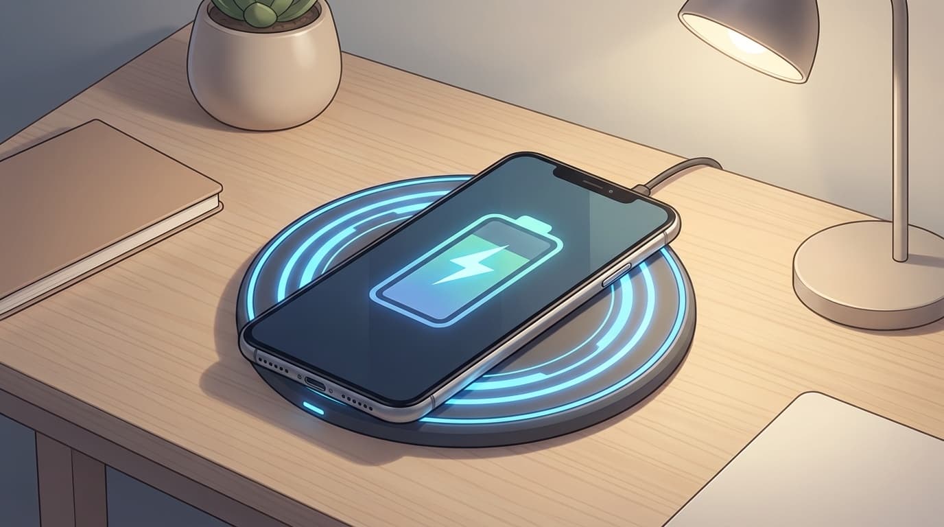 ワイヤレス充電パッドの上に置かれたスマートフォン