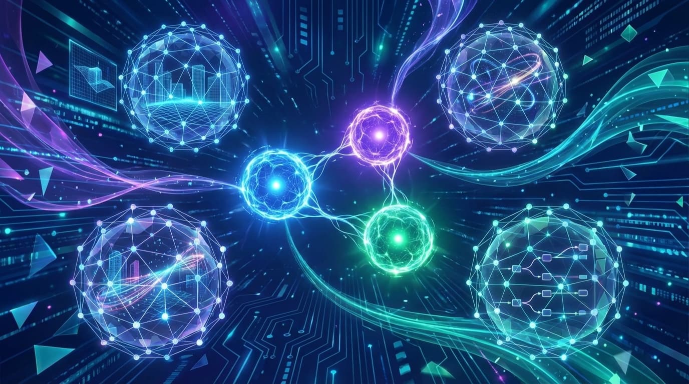 AIワールドモデルの競争を表す抽象的なイラスト——複数の3Dニューラルネットワーク球体が物理理解と空間知能を表現