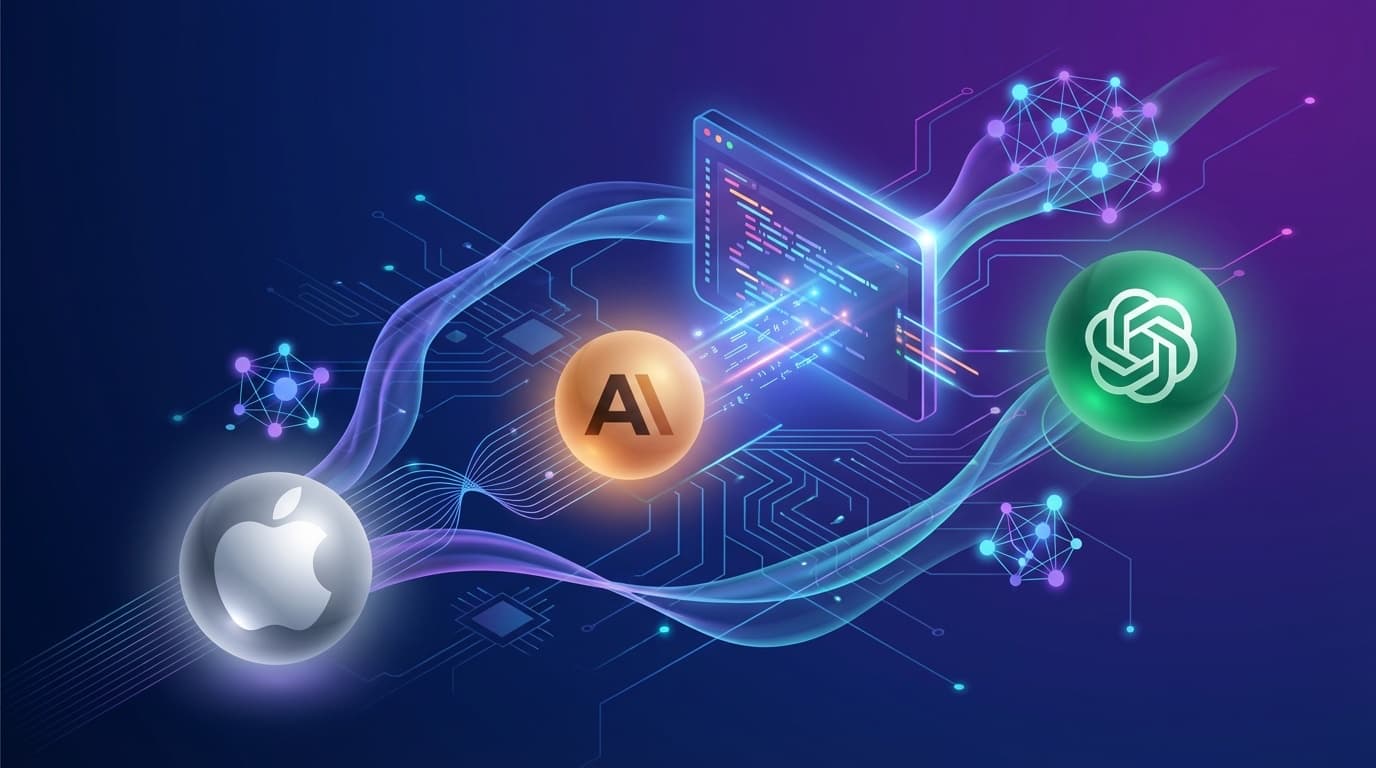 Apple・Anthropic・OpenAIの三者がIDEインターフェースに統合されるエージェンティックコーディングの概念図