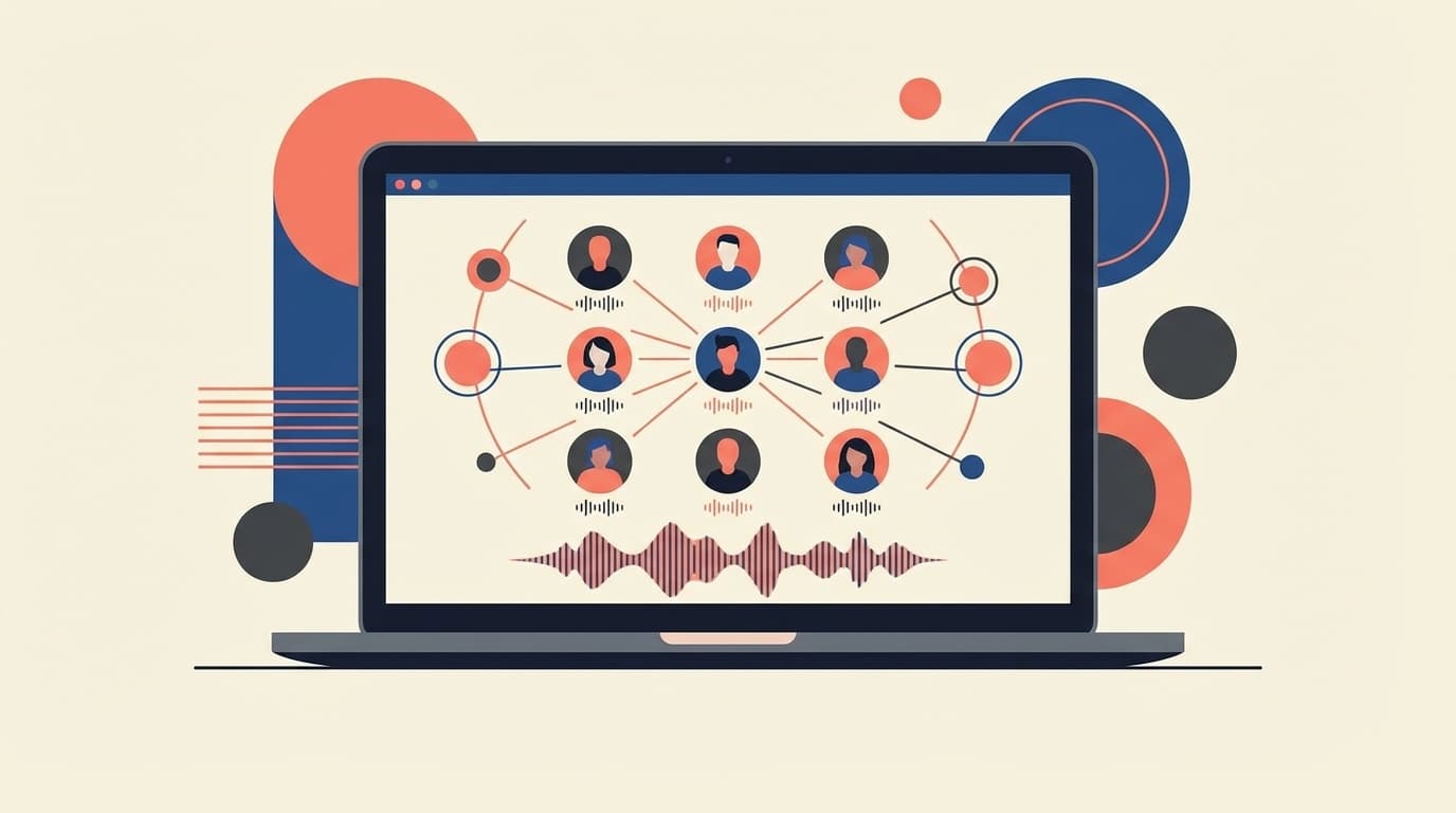 Zoomのビデオ会議画面と音声トラブルのイメージイラスト