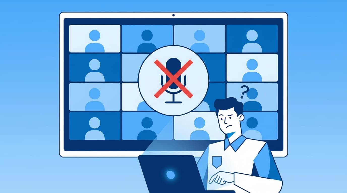 Zoom会議でマイクが認識されず声が聞こえないトラブルのイメージイラスト