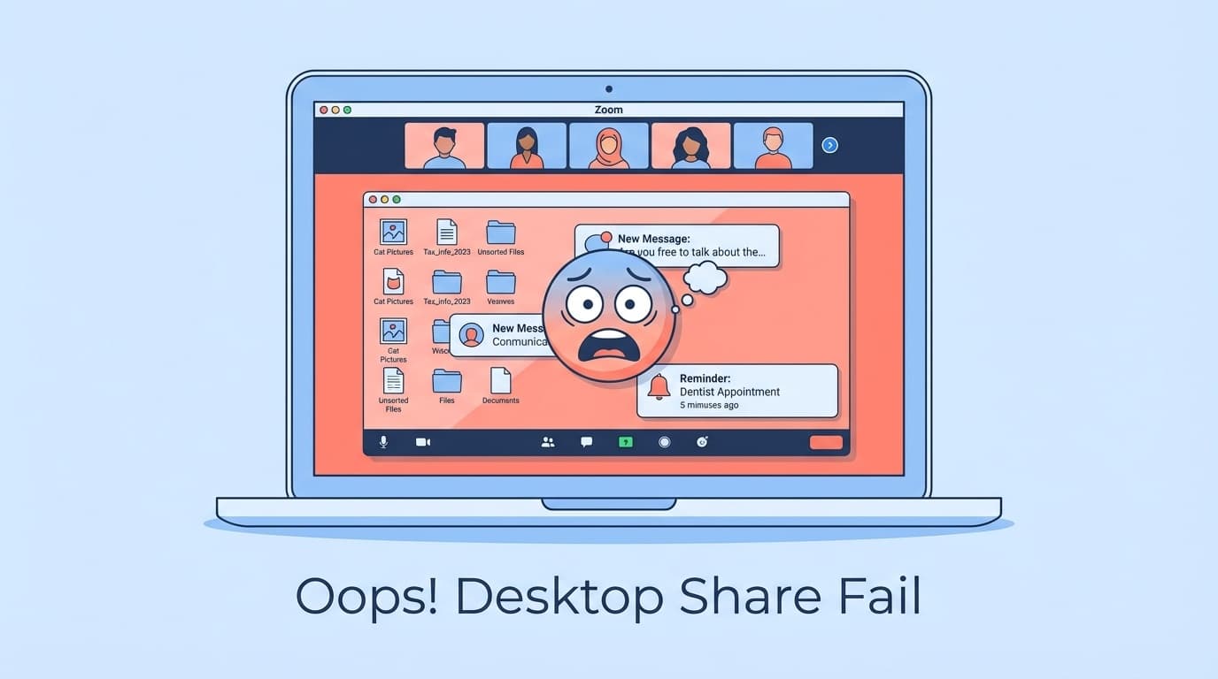 Zoom会議でデスクトップを間違えて画面共有してしまった様子のイラスト