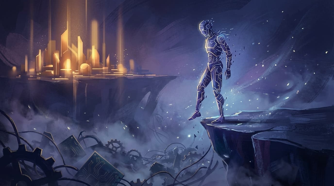 AIロボットが幻滅の谷の縁に立つイラスト