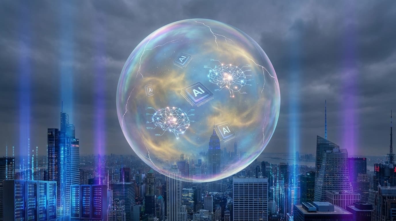 AI投資バブルを象徴する都市上空の巨大なバブル